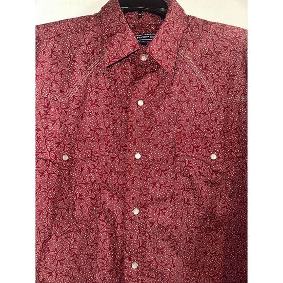 Roper shirt Men’s size Medium red Burgandy Paisley Western Pearl Snap Long Sleev - Picture 3 of 7